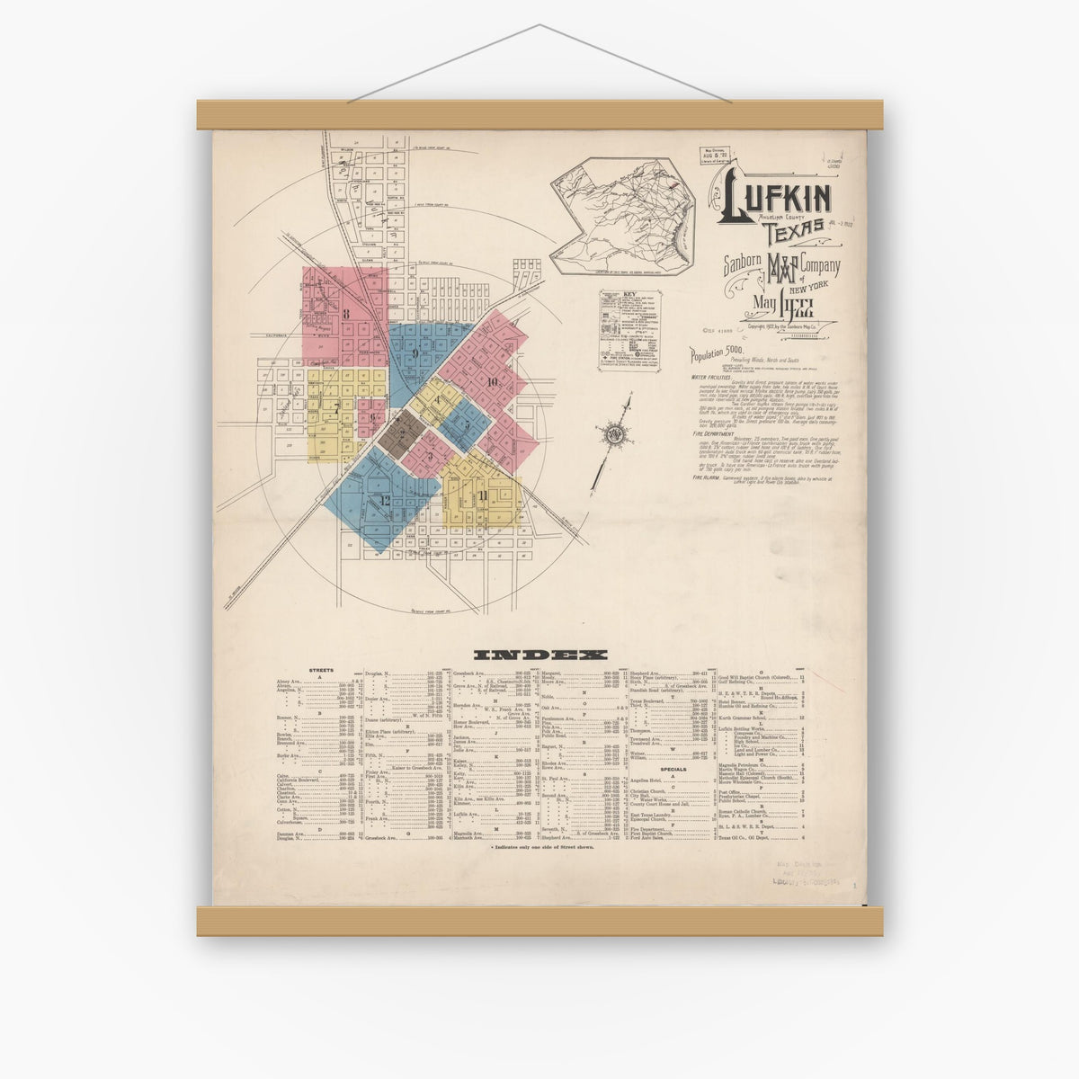 Old map wall art mockup — magnetic wood frame on white wall — Sanborn Fire Insurance Map from Lufkin, Angelina County, Texas (1922) - Complete Map Set