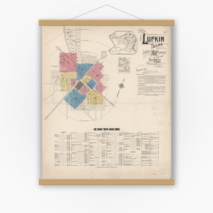 Old map wall art mockup — magnetic wood frame on white wall — Sanborn Fire Insurance Map from Lufkin, Angelina County, Texas (1922) - Complete Map Set