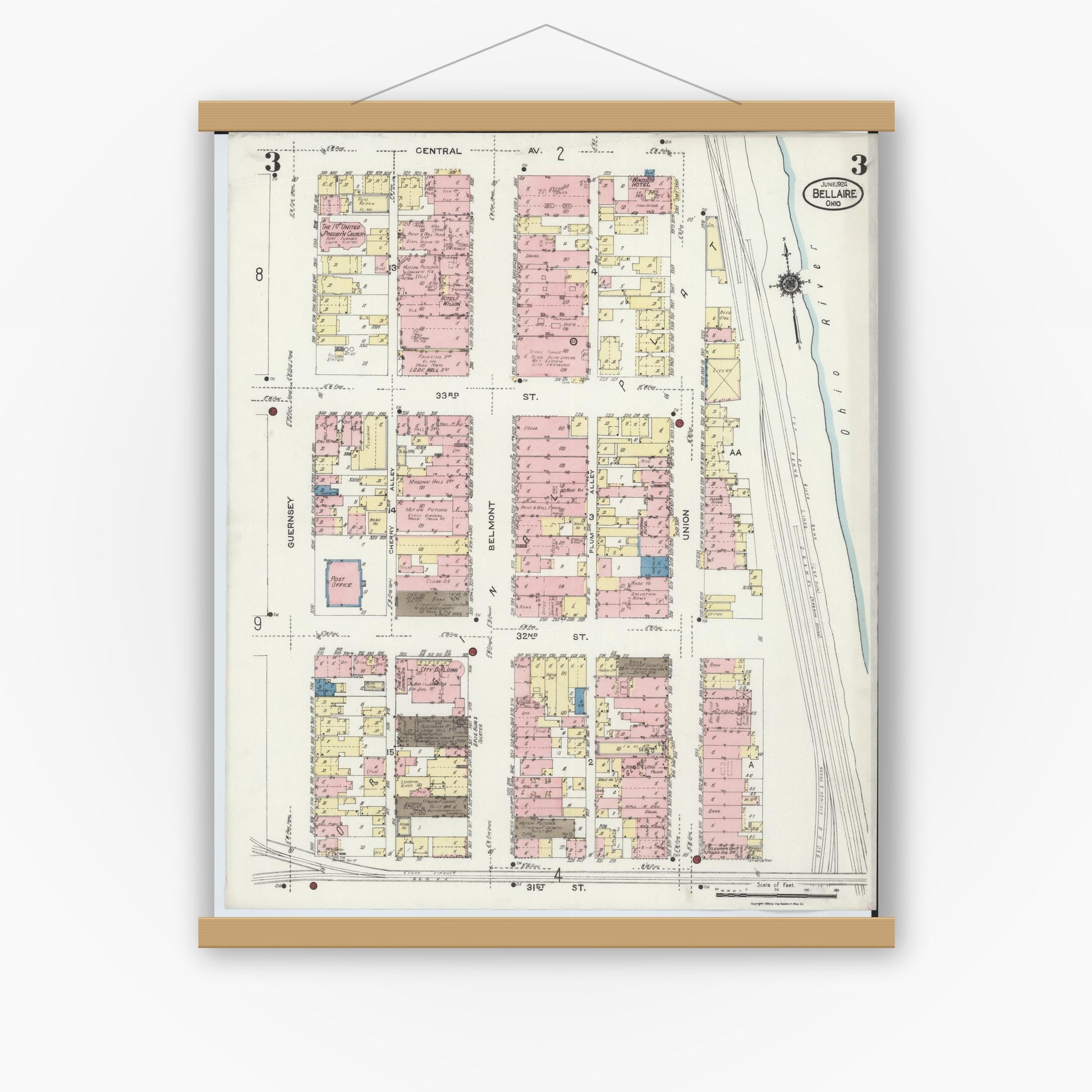 Old map wall art mockup — magnetic wood frame on white wall — Sanborn Fire Insurance Map from Bellaire, Belmont County, Ohio (1924), Sheet #0003