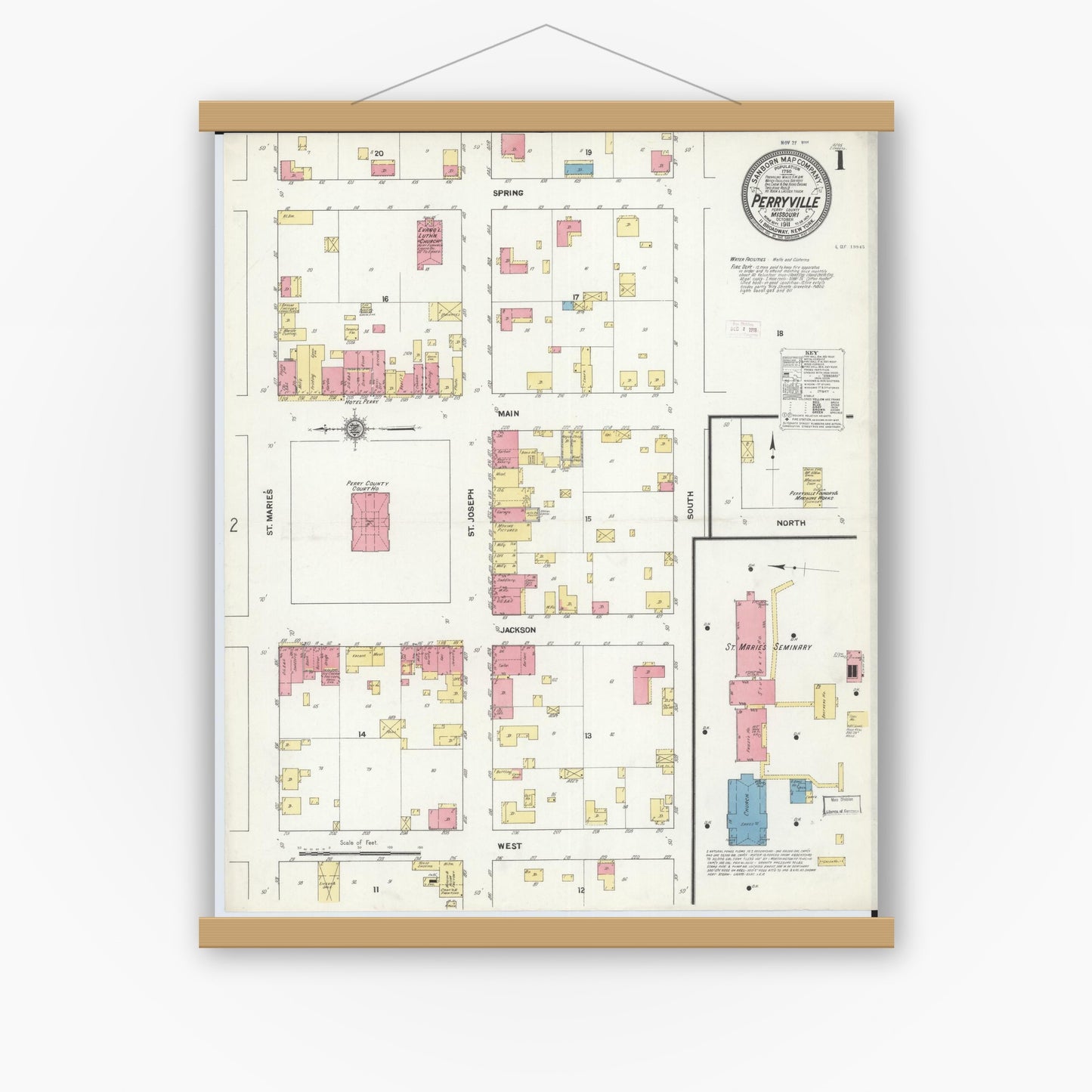 Old map wall art mockup — magnetic wood frame on white wall — Sanborn Fire Insurance Map from Perryville, Perry County, Missouri (1911), Sheet #0001