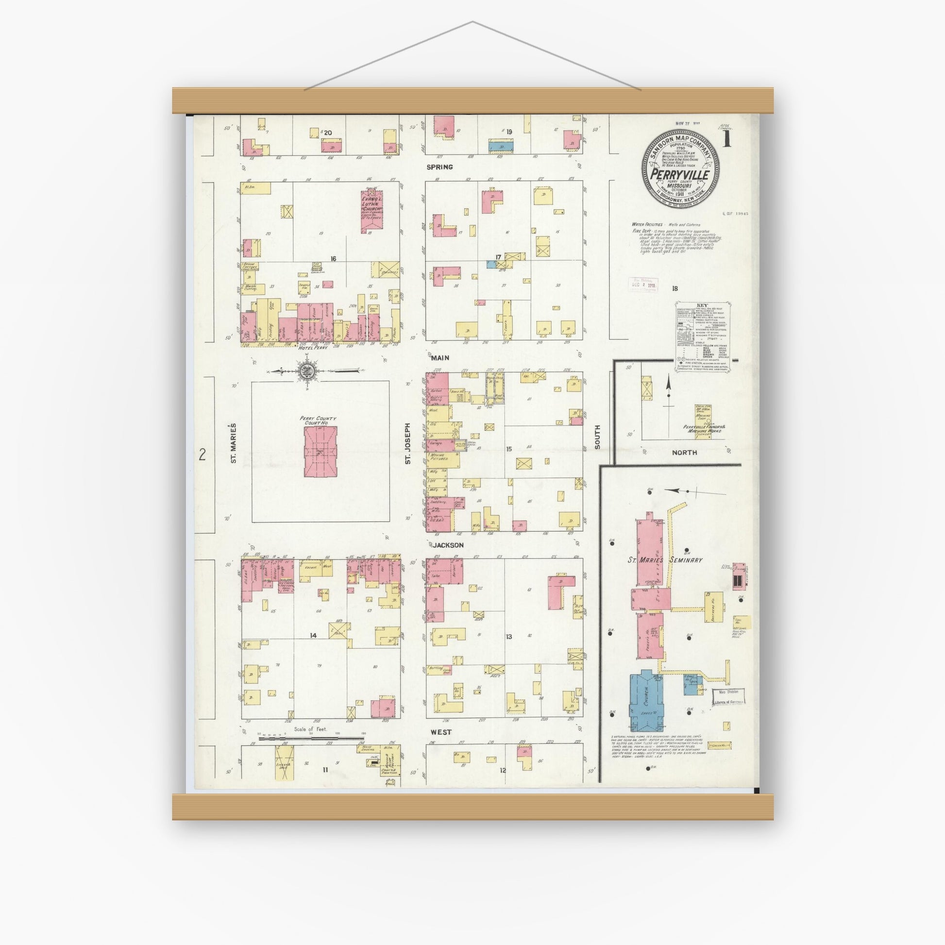 Old map wall art mockup — magnetic wood frame on white wall — Sanborn Fire Insurance Map from Perryville, Perry County, Missouri (1911), Sheet #0001