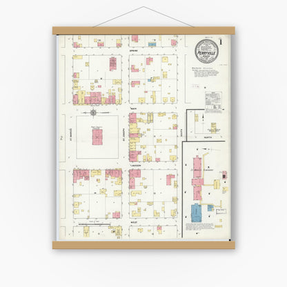 Old map wall art mockup — magnetic wood frame on white wall — Sanborn Fire Insurance Map from Perryville, Perry County, Missouri (1911), Sheet #0001