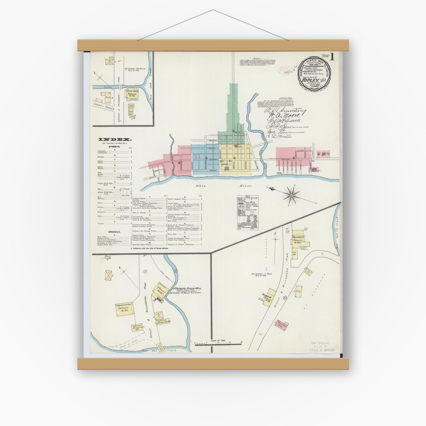 Old map wall art mockup — magnetic wood frame on white wall — Sanborn Fire Insurance Map from Ripley, Brown County, Ohio (1890), Sheet #0001