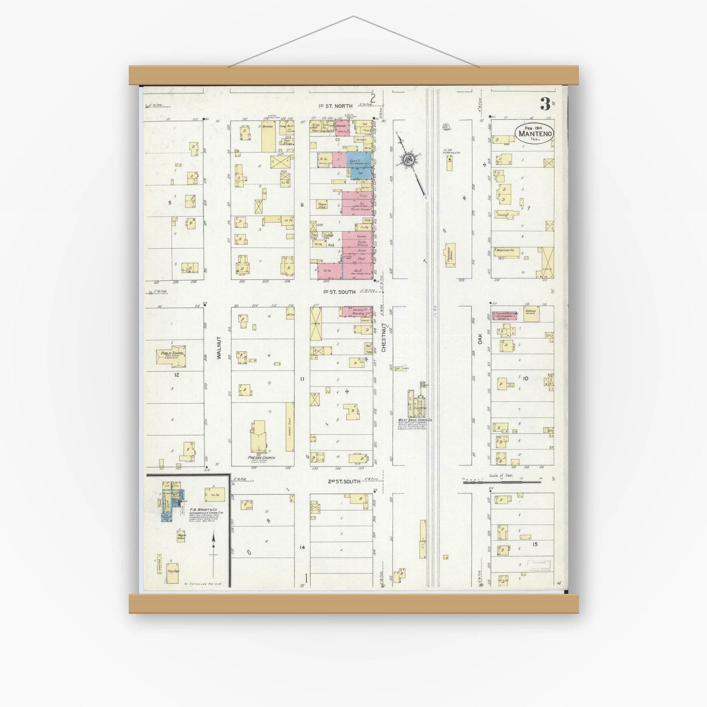Old map wall art mockup — magnetic wood frame on white wall — Sanborn Fire Insurance Map from Manteno, Kankakee County, Illinois (1914), Sheet #0003