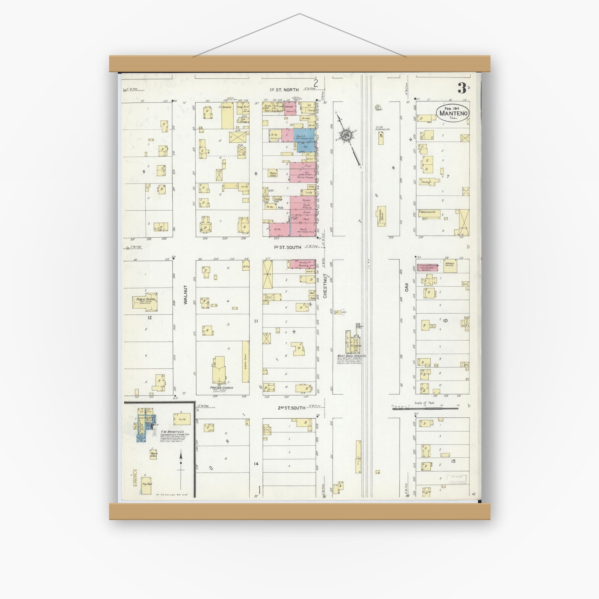Old map wall art mockup — magnetic wood frame on white wall — Sanborn Fire Insurance Map from Manteno, Kankakee County, Illinois (1914), Sheet #0003