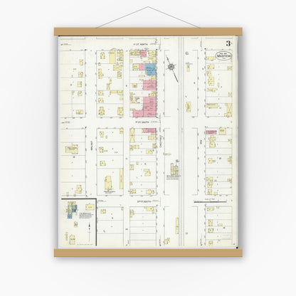 Old map wall art mockup — magnetic wood frame on white wall — Sanborn Fire Insurance Map from Manteno, Kankakee County, Illinois (1914), Sheet #0003