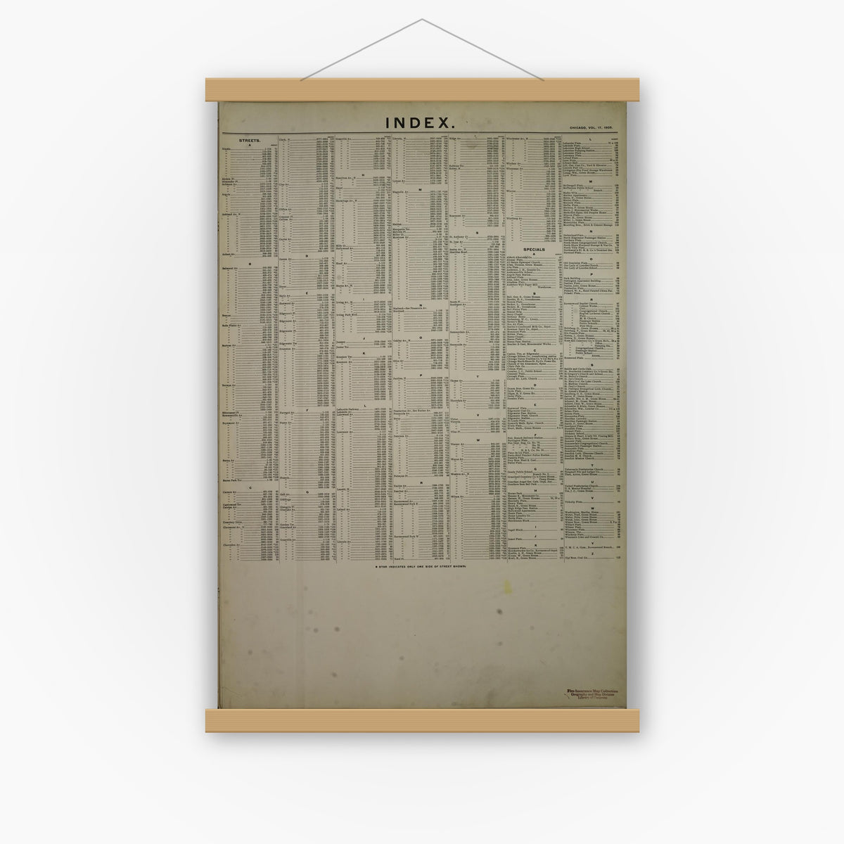 Old map wall art mockup — magnetic wood frame on white wall — Sanborn Fire Insurance Map from Chicago, Cook County, Illinois (1905), Sheet #0001