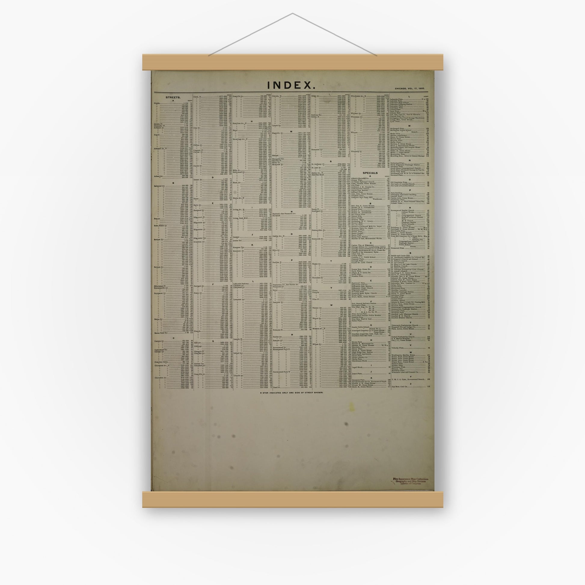 Old map wall art mockup — magnetic wood frame on white wall — Sanborn Fire Insurance Map from Chicago, Cook County, Illinois (1905), Sheet #0001