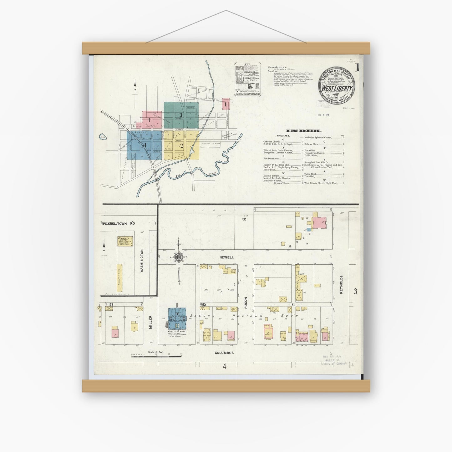 Old map wall art mockup — magnetic wood frame on white wall — Sanborn Fire Insurance Map from West Liberty, Logan County, Ohio (1911), Sheet #0001