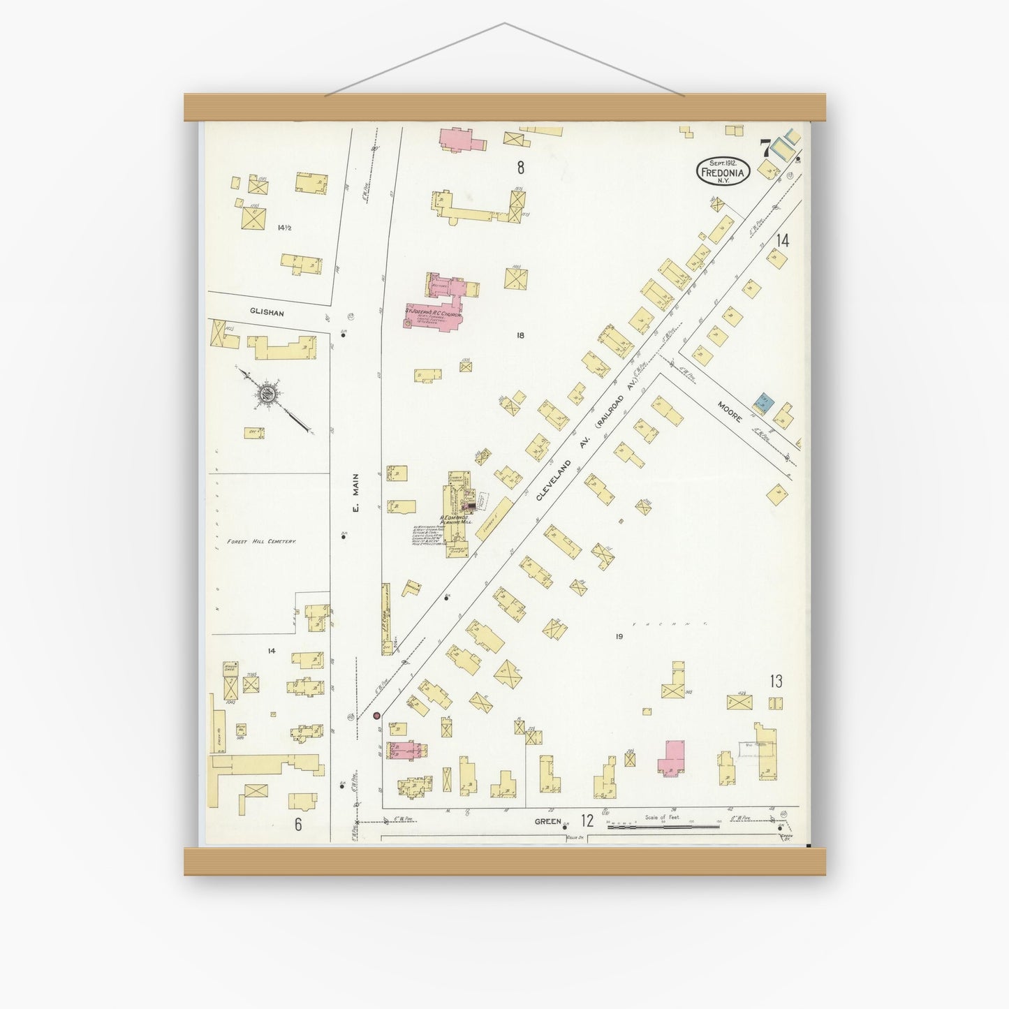 Old map wall art mockup — magnetic wood frame on white wall — Sanborn Fire Insurance Map from Fredonia, Chautauqua County, New York (1912), Sheet #0007