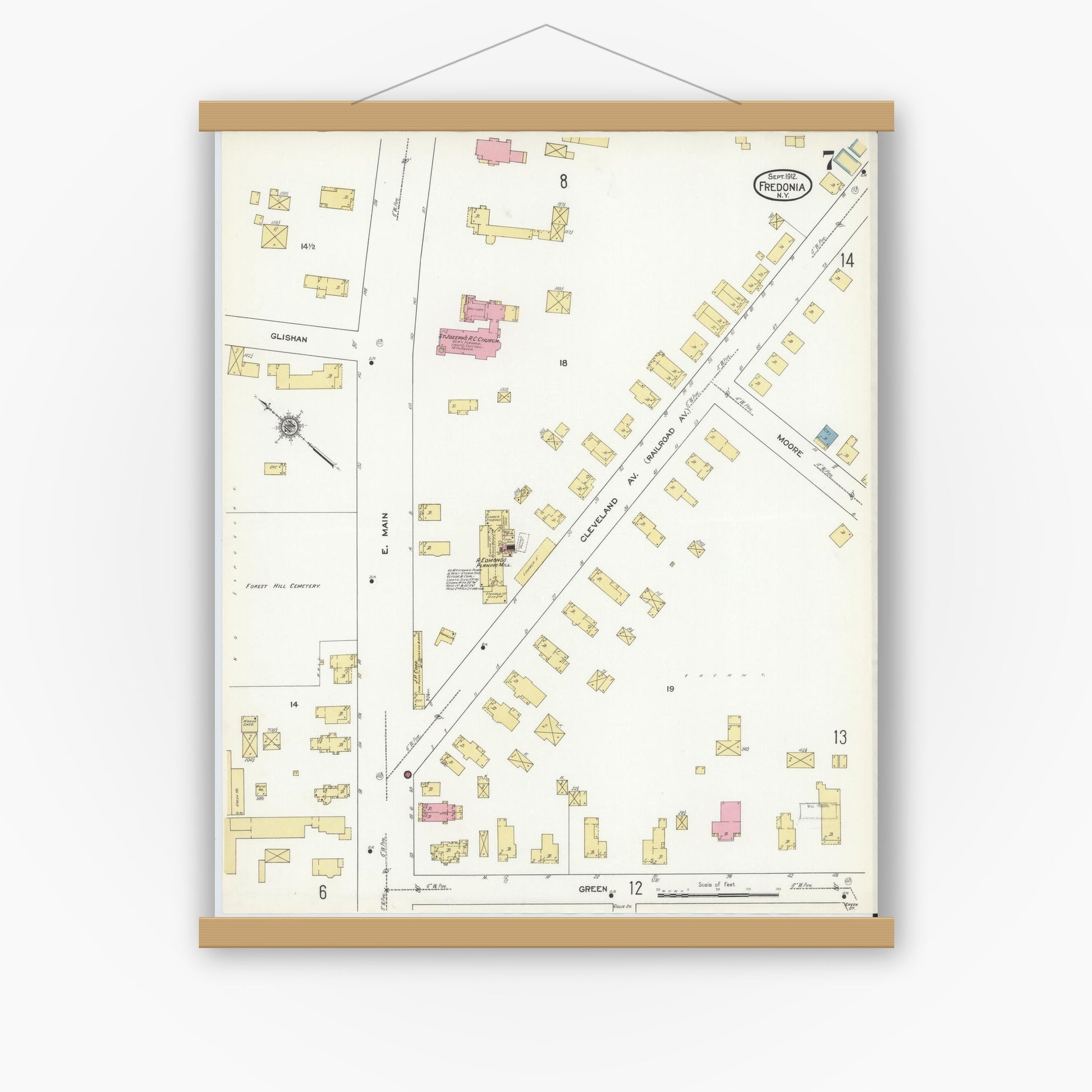 Old map wall art mockup — magnetic wood frame on white wall — Sanborn Fire Insurance Map from Fredonia, Chautauqua County, New York (1912), Sheet #0007