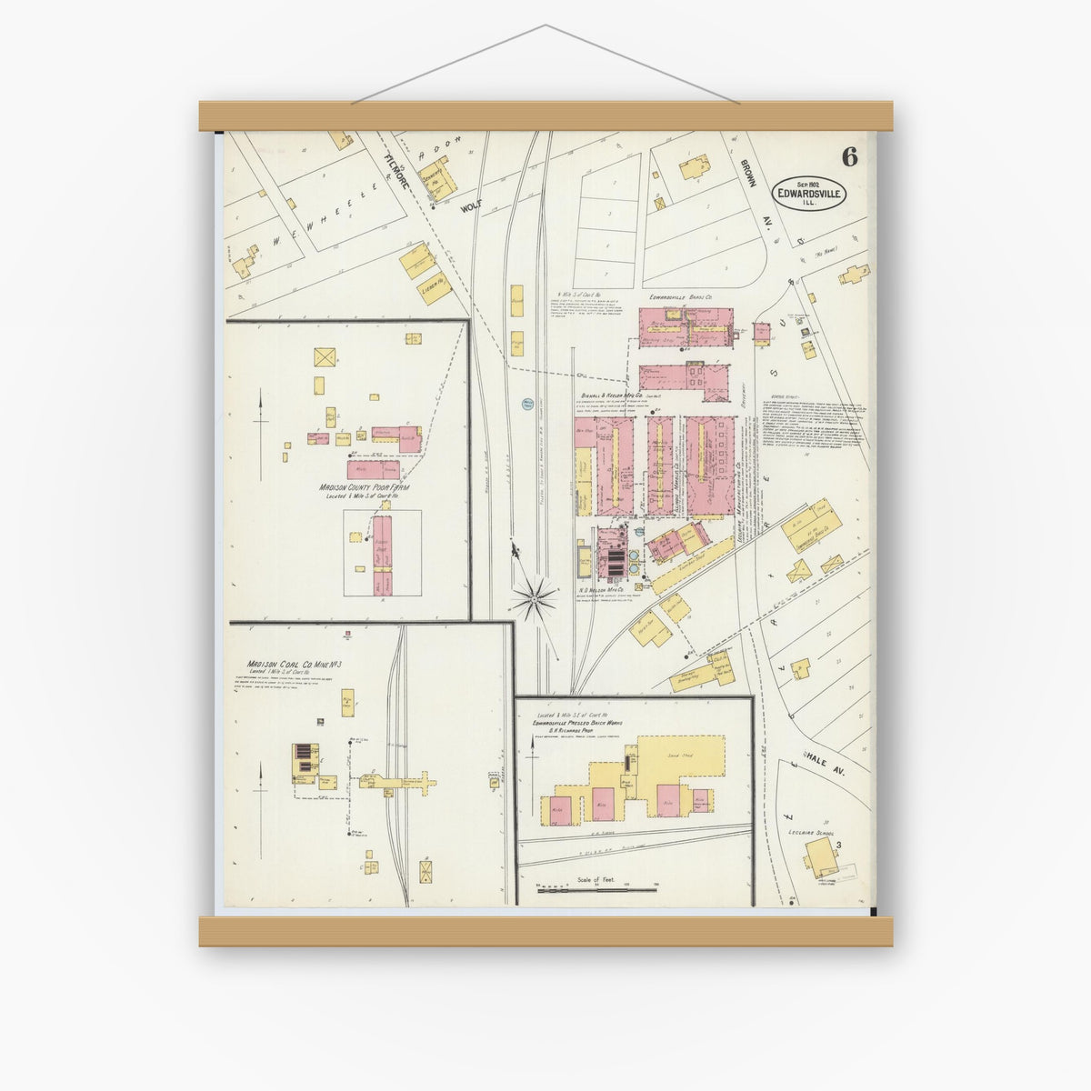 Old map wall art mockup — magnetic wood frame on white wall — Sanborn Fire Insurance Map from Edwardsville, Madison County, Illinois (1902), Sheet #0006
