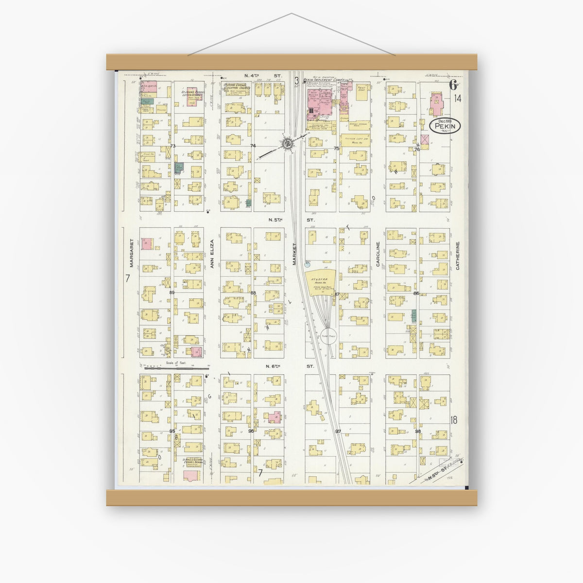 Old map wall art mockup — magnetic wood frame on white wall — Sanborn Fire Insurance Map from Pekin, Tazewell County, Illinois (1909), Sheet #0006