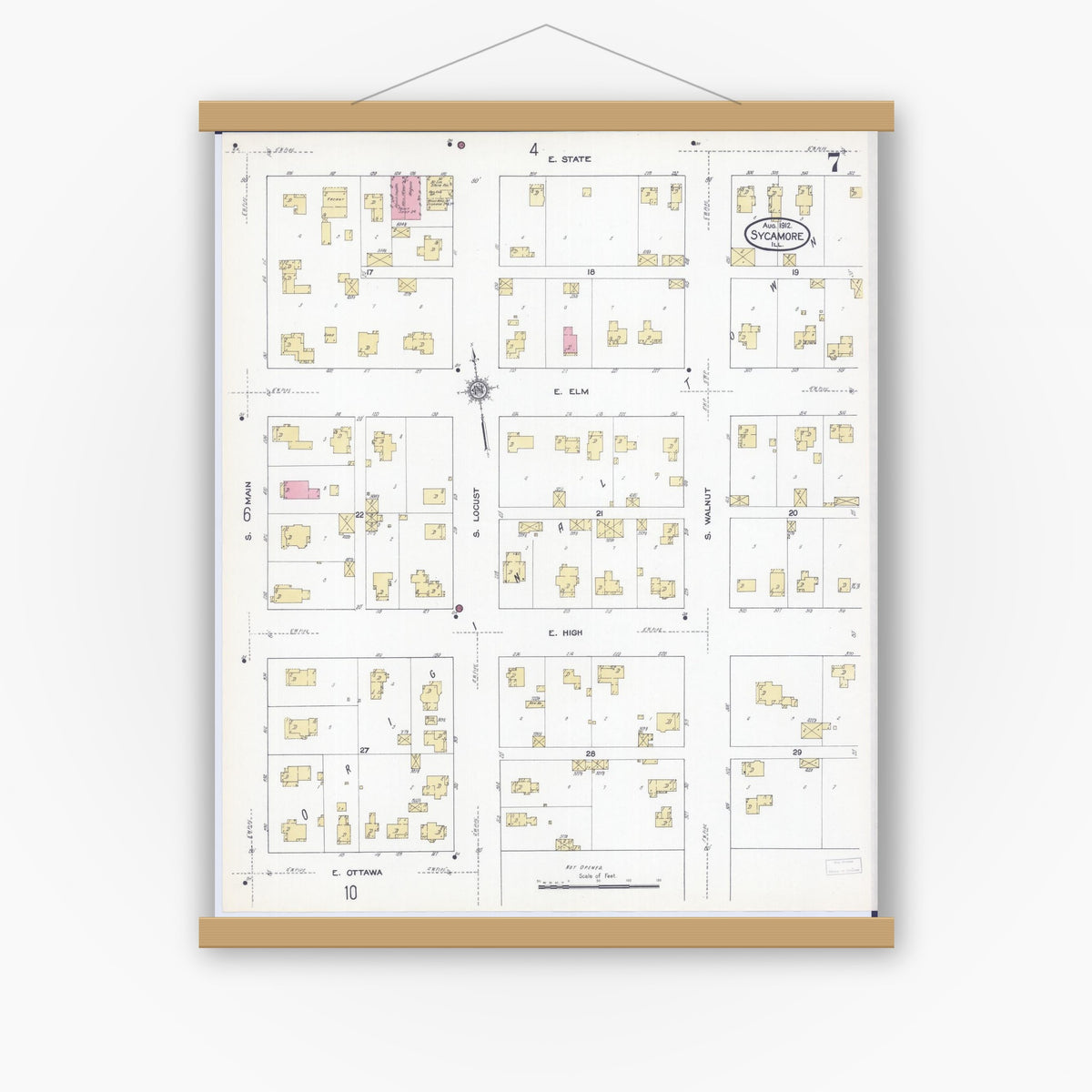 Old map wall art mockup — magnetic wood frame on white wall — Sanborn Fire Insurance Map from Sycamore, De Kalb County, Illinois (1912), Sheet #0007