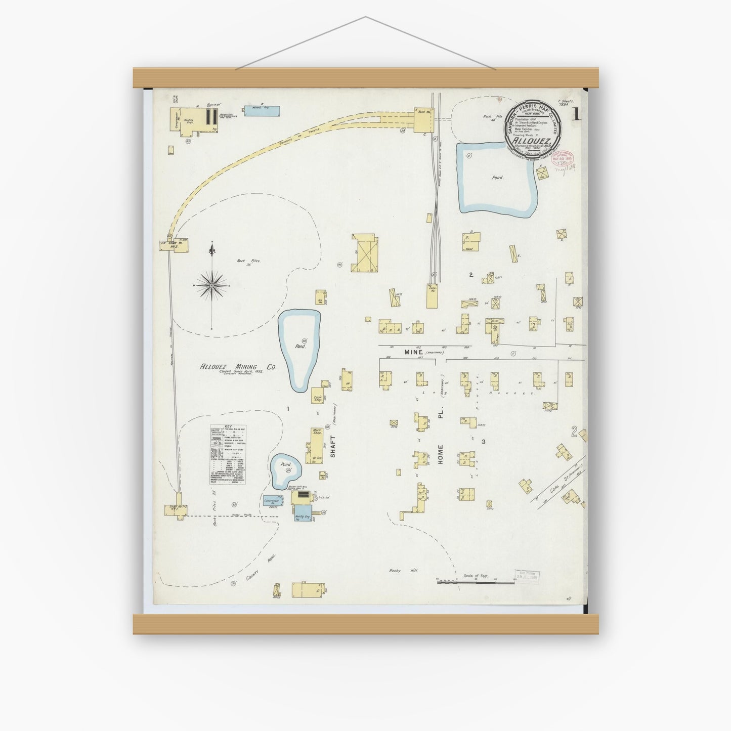 Old map wall art mockup — magnetic wood frame on white wall — Sanborn Fire Insurance Map from Allouez, Keweenaw And Houghton Counties, Michigan (1895), Sheet #0001