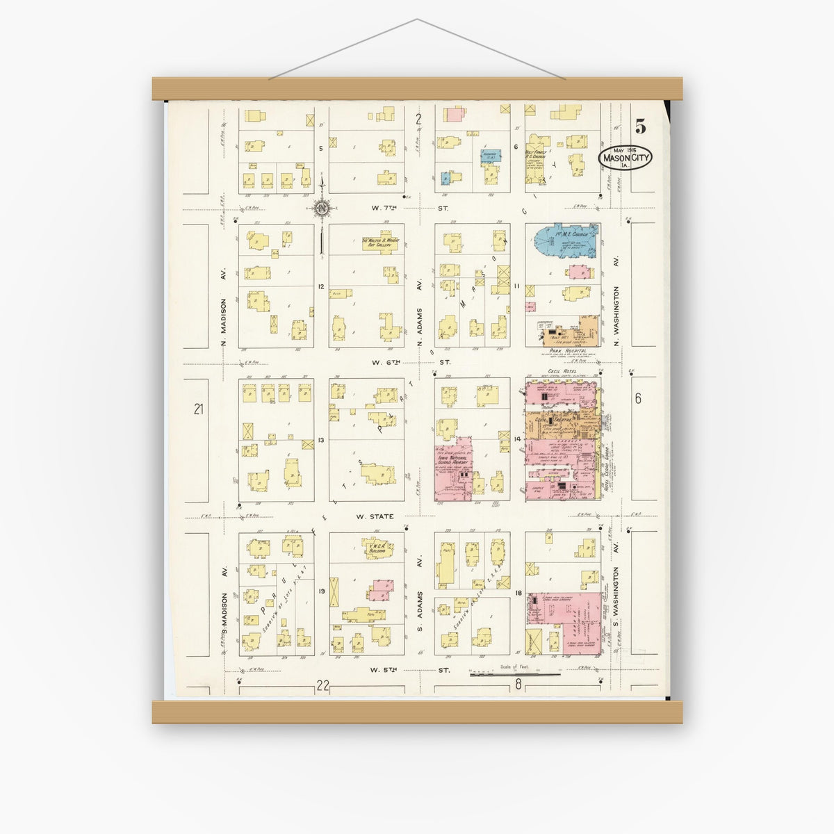 Old map wall art mockup — magnetic wood frame on white wall — Sanborn Fire Insurance Map from Mason City, Cerro Gordo County, Iowa (1915), Sheet #0005