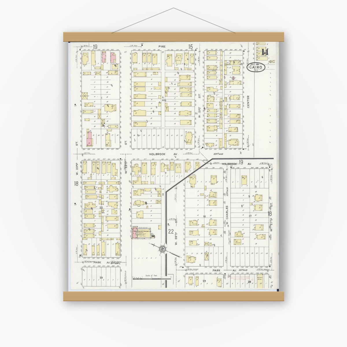 Old map wall art mockup — magnetic wood frame on white wall — Sanborn Fire Insurance Map from Cairo, Alexander County, Illinois (1914), Sheet #0014