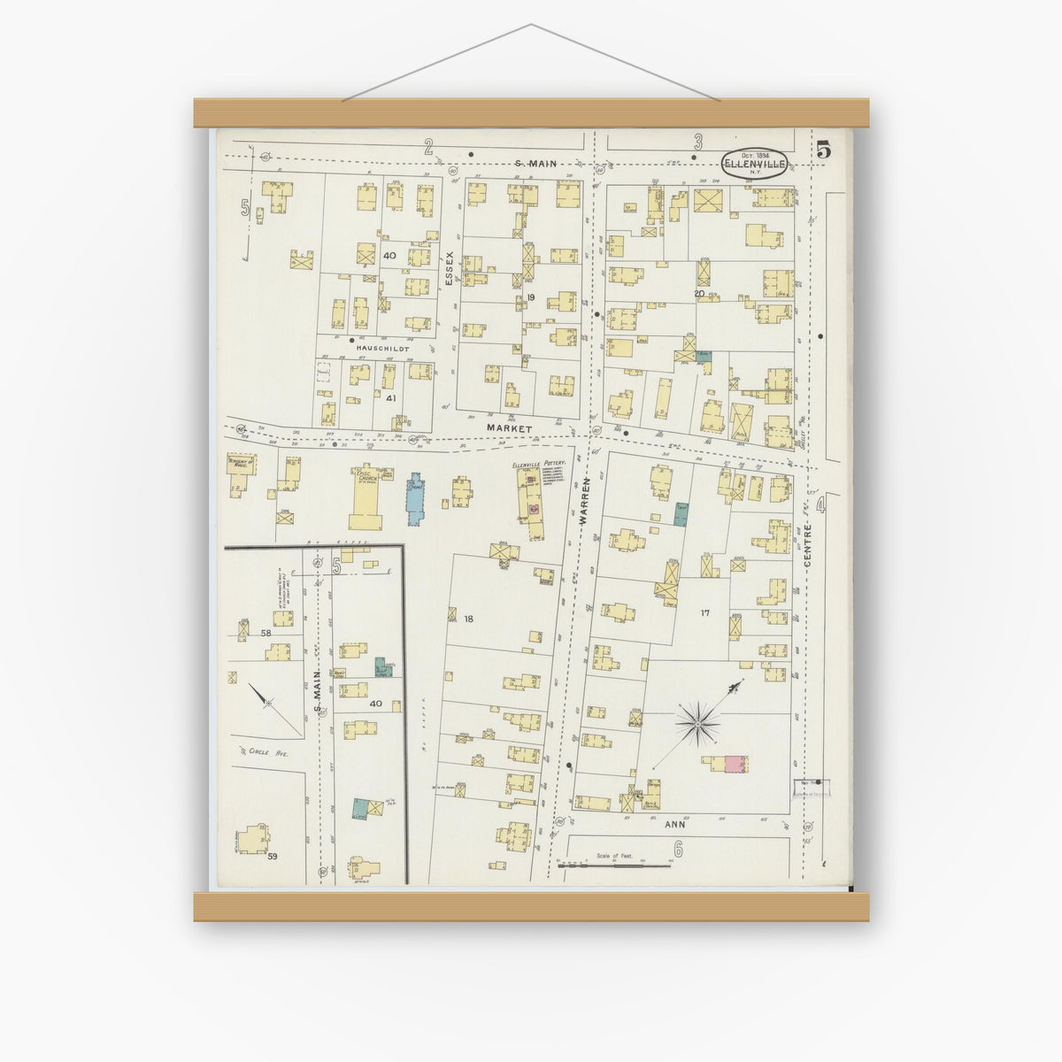 Old map wall art mockup — magnetic wood frame on white wall — Sanborn Fire Insurance Map from Ellenville, Ulster County, New York (1894), Sheet #0005