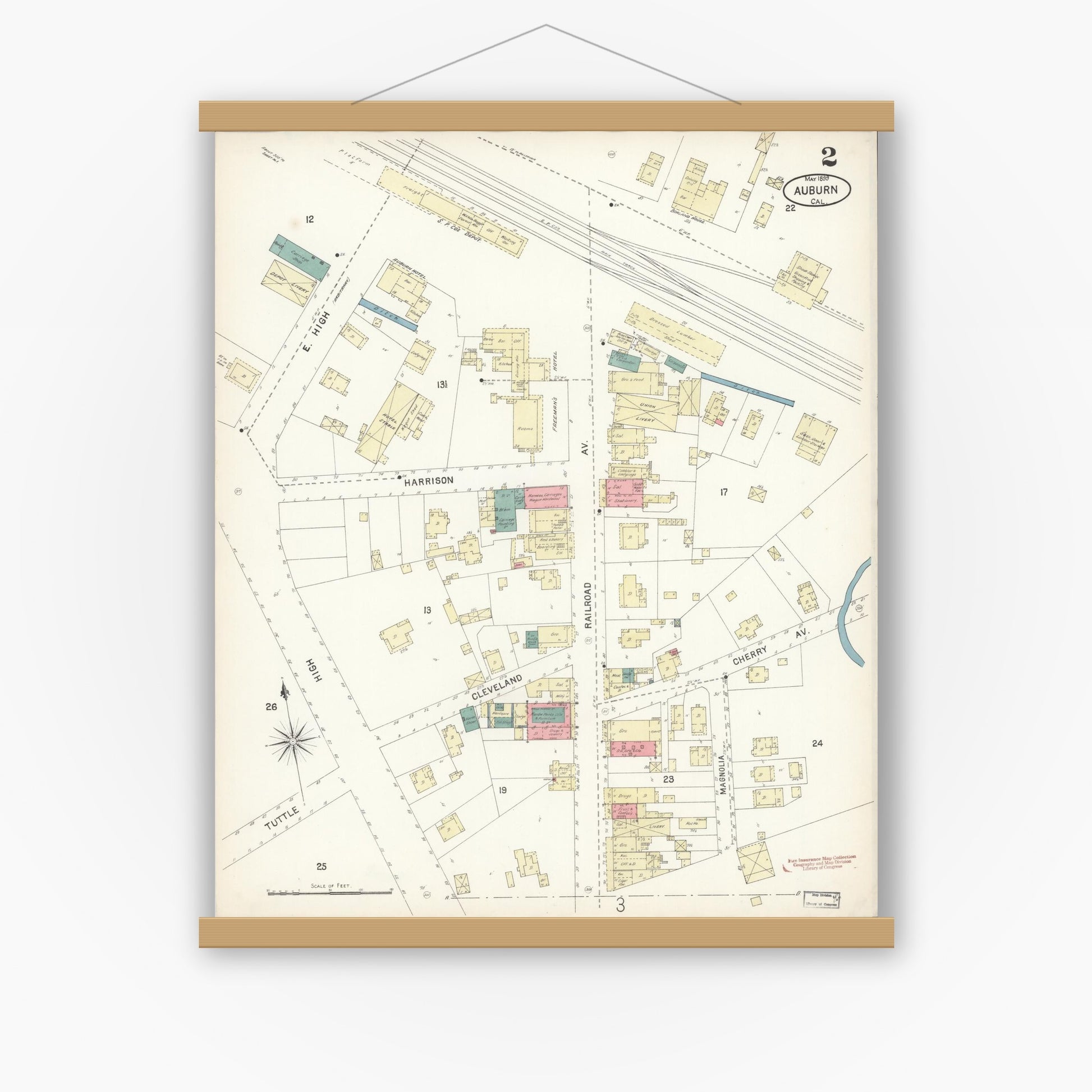 Old map wall art mockup — magnetic wood frame on white wall — Sanborn Fire Insurance Map from Auburn, Placer County, California (1899), Sheet #0002