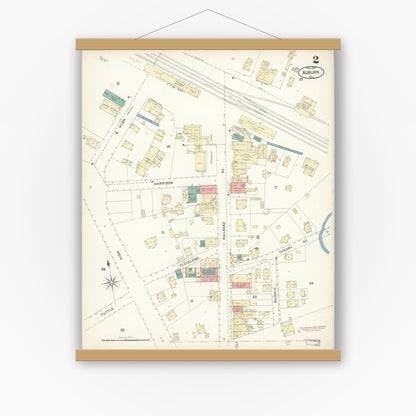 Old map wall art mockup — magnetic wood frame on white wall — Sanborn Fire Insurance Map from Auburn, Placer County, California (1899), Sheet #0002