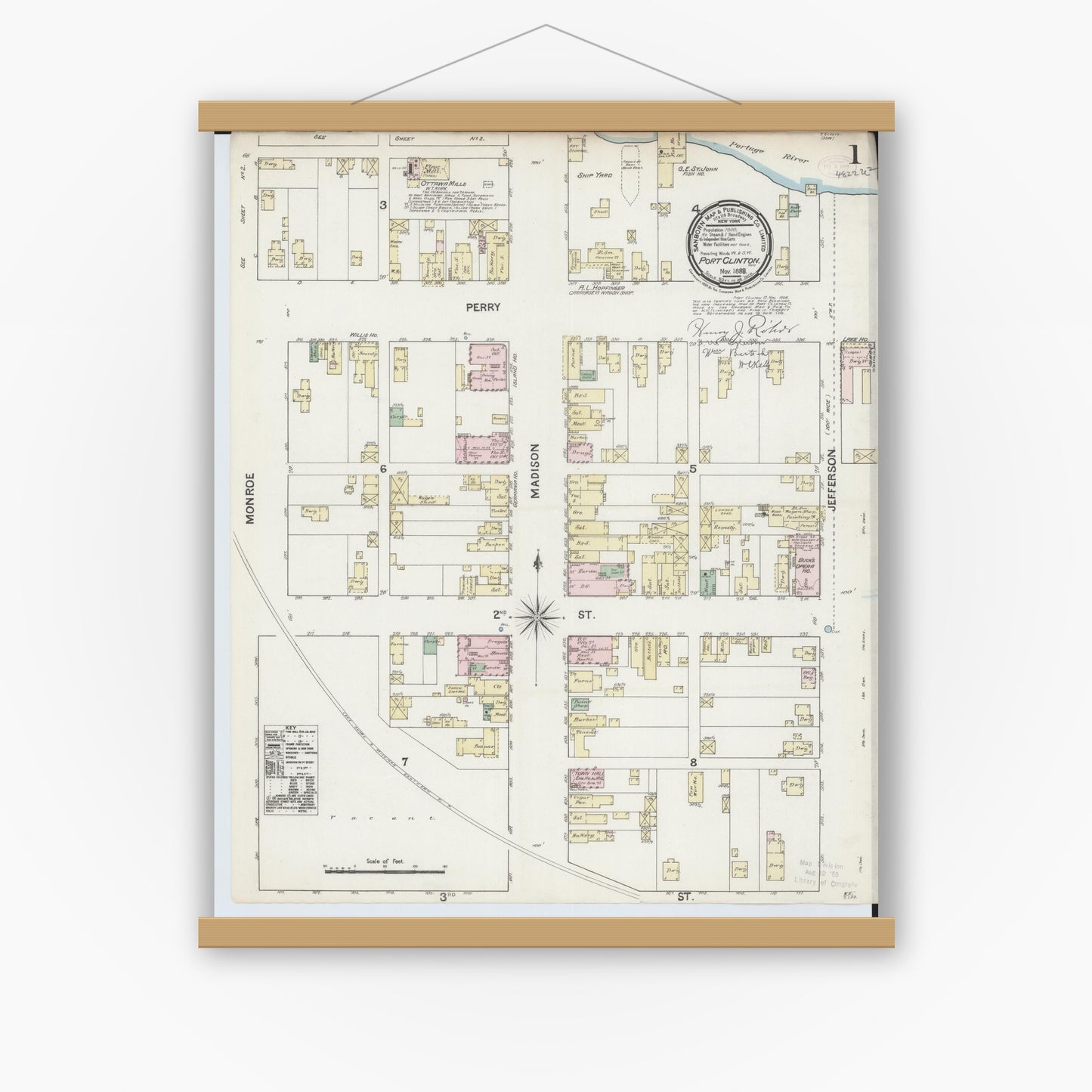Old map wall art mockup — magnetic wood frame on white wall — Sanborn Fire Insurance Map from Port Clinton, Ottawa County, Ohio (1888) - Complete Map Set