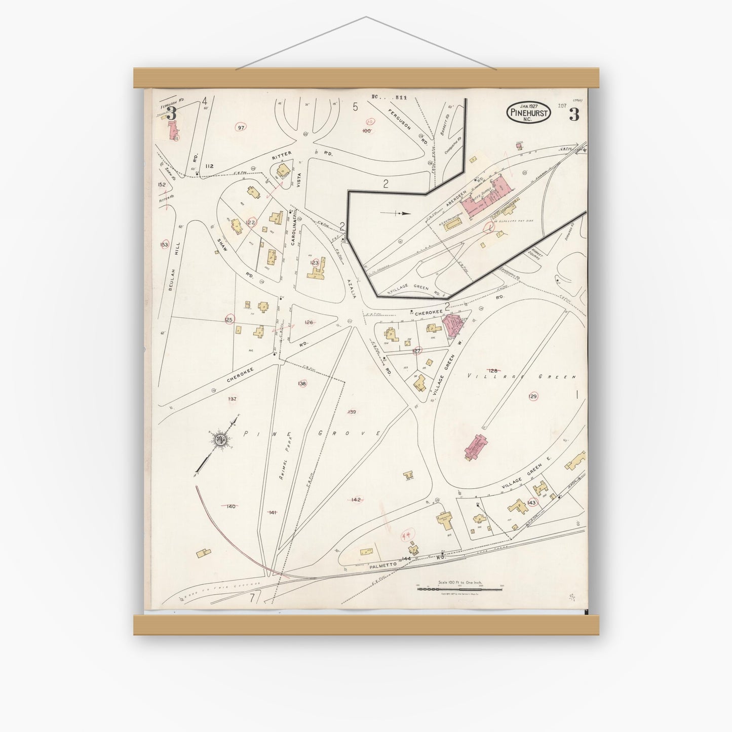 Old map wall art mockup — magnetic wood frame on white wall — Sanborn Fire Insurance Map from Pinehurst, Moore County, North Carolina (1939), Sheet #0003