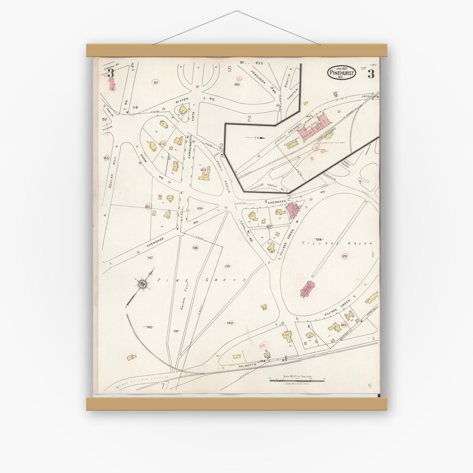 Old map wall art mockup — magnetic wood frame on white wall — Sanborn Fire Insurance Map from Pinehurst, Moore County, North Carolina (1939), Sheet #0003