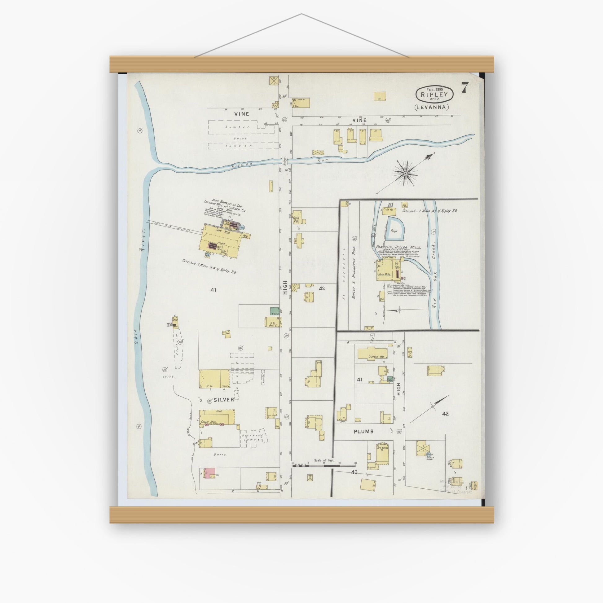 Old map wall art mockup — magnetic wood frame on white wall — Sanborn Fire Insurance Map from Ripley, Brown County, Ohio (1895), Sheet #0007