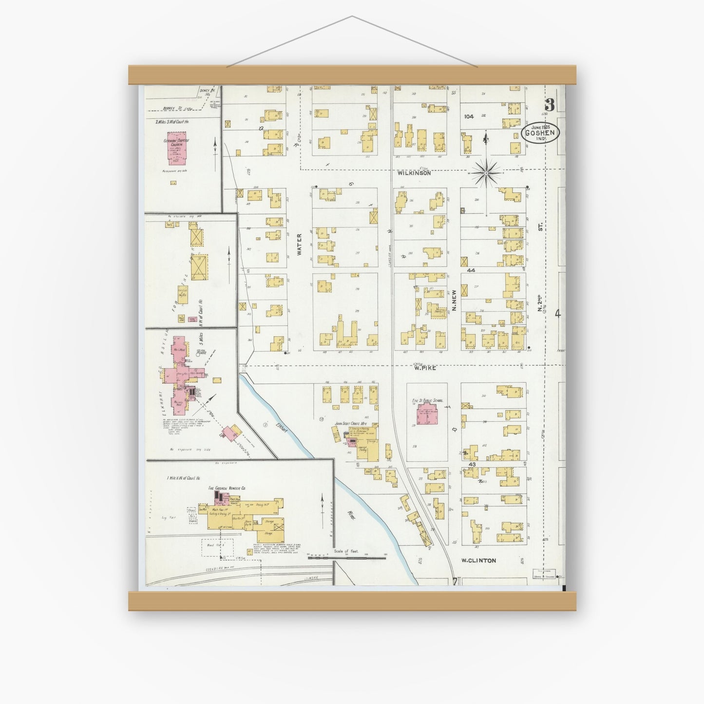 Old map wall art mockup — magnetic wood frame on white wall — Sanborn Fire Insurance Map from Goshen, Elkhart County, Indiana (1905), Sheet #0003