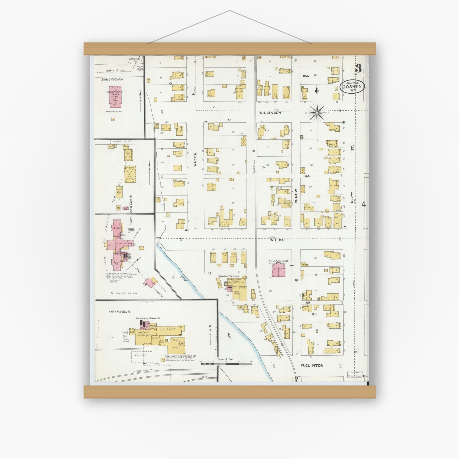 Old map wall art mockup — magnetic wood frame on white wall — Sanborn Fire Insurance Map from Goshen, Elkhart County, Indiana (1905), Sheet #0003