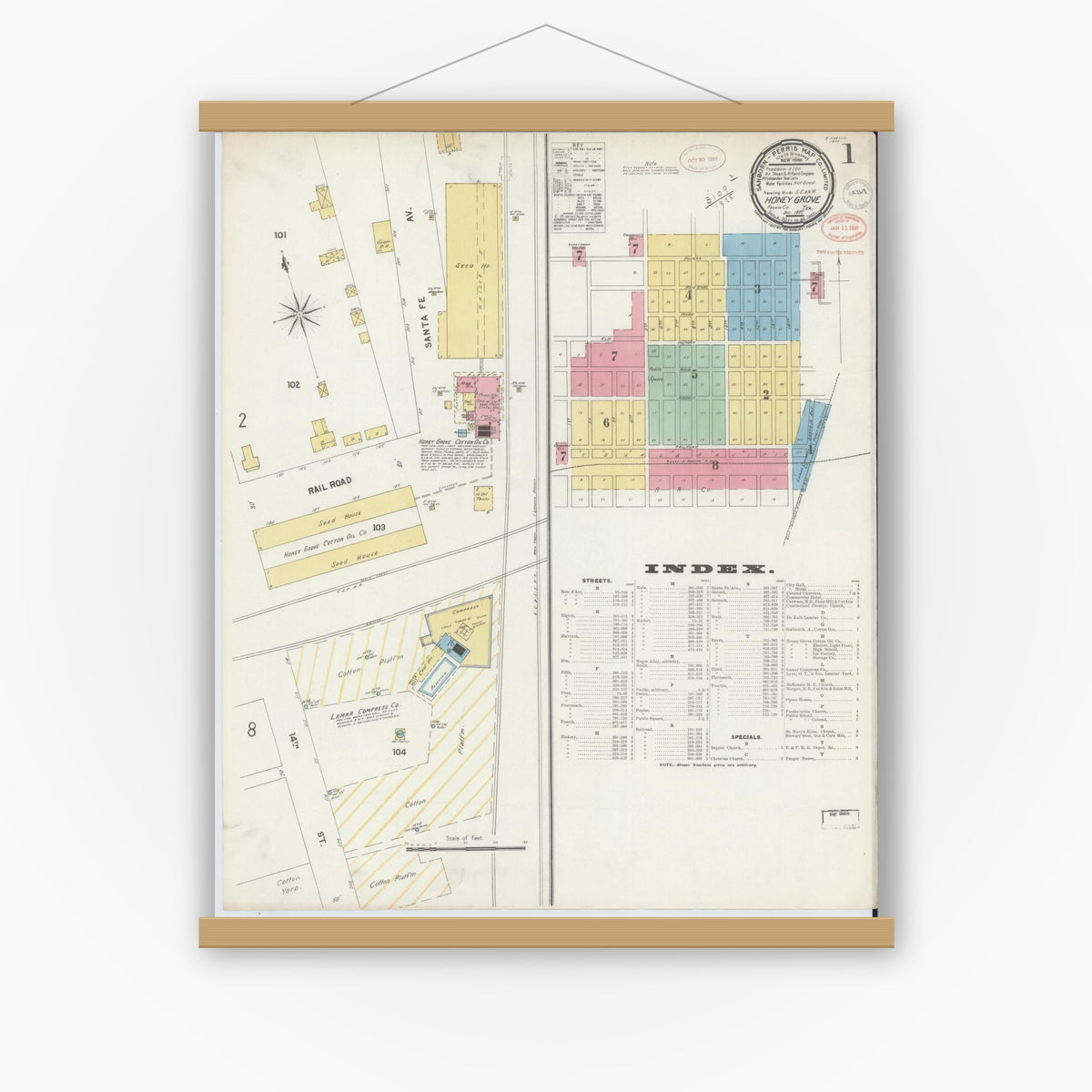 Old map wall art mockup — magnetic wood frame on white wall — Sanborn Fire Insurance Map from Honey Grove, Fannin County, Texas (1897), Sheet #0001
