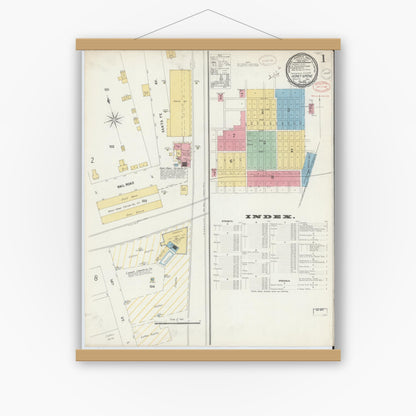 Old map wall art mockup — magnetic wood frame on white wall — Sanborn Fire Insurance Map from Honey Grove, Fannin County, Texas (1897), Sheet #0001