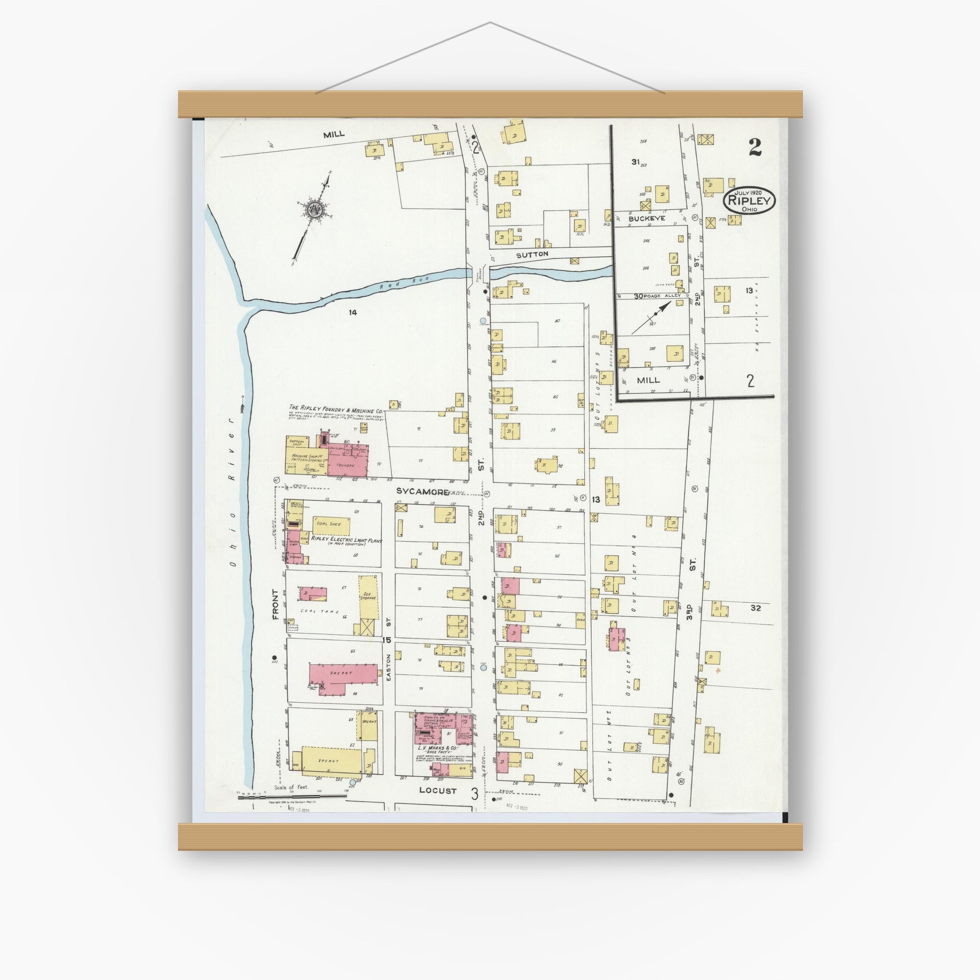 Old map wall art mockup — magnetic wood frame on white wall — Sanborn Fire Insurance Map from Ripley, Brown County, Ohio (1920), Sheet #0002