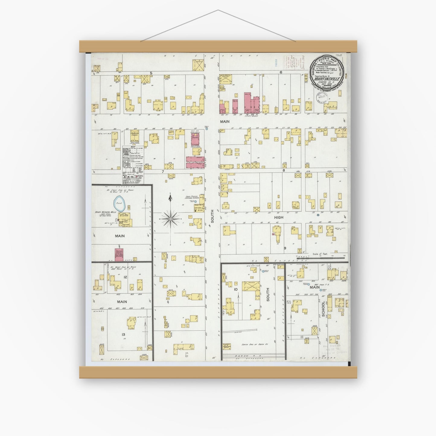 Old map wall art mockup — magnetic wood frame on white wall — Sanborn Fire Insurance Map from Martinsville, Clinton County, Ohio (1900), Sheet #0001