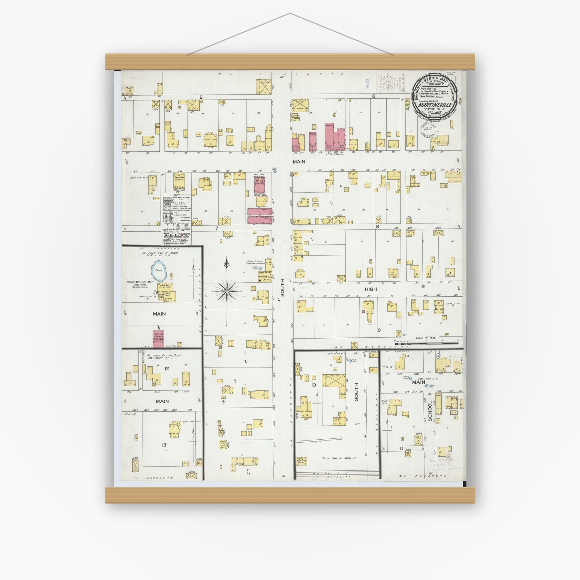 Old map wall art mockup — magnetic wood frame on white wall — Sanborn Fire Insurance Map from Martinsville, Clinton County, Ohio (1900), Sheet #0001