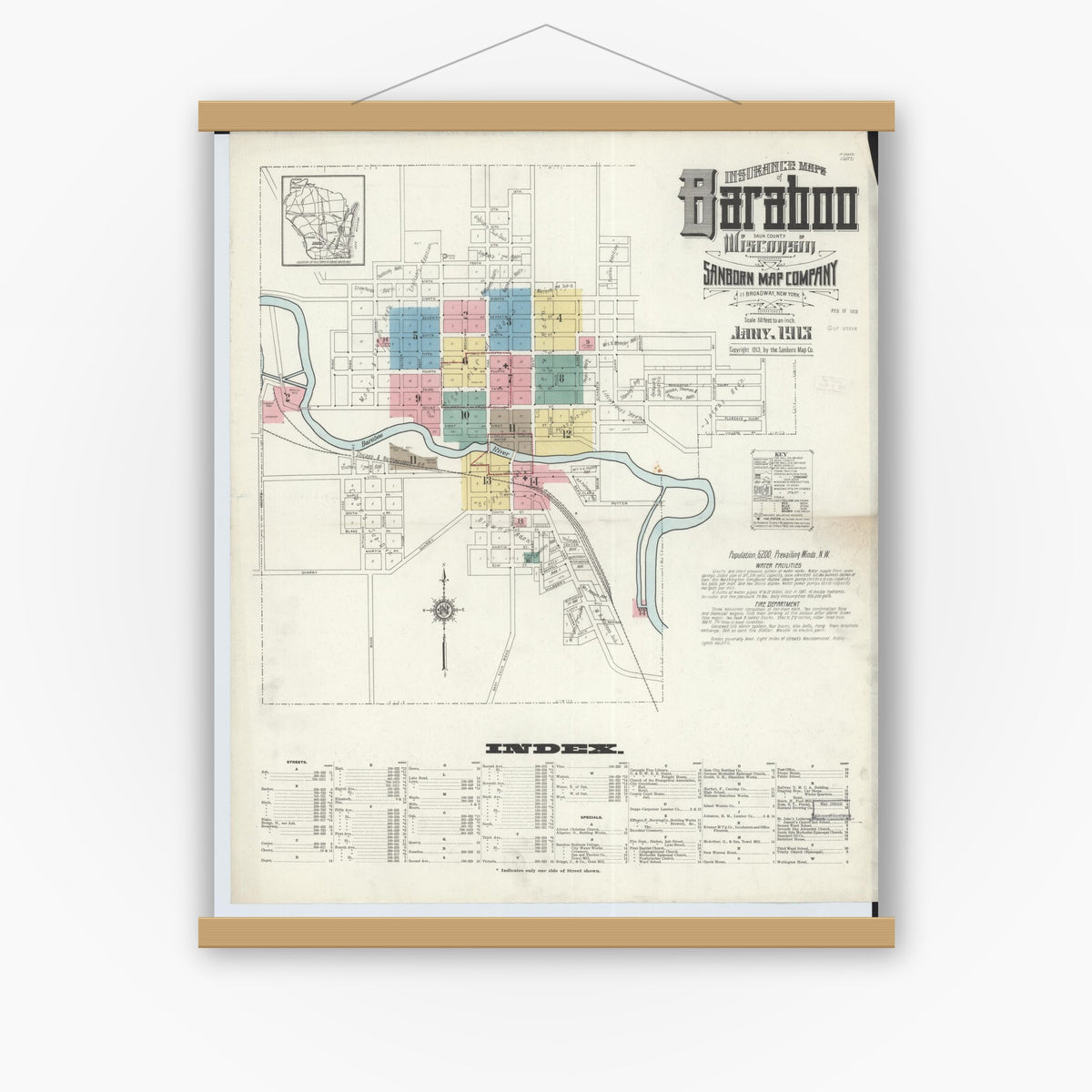 Old map wall art mockup — magnetic wood frame on white wall — Sanborn Fire Insurance Map from Baraboo, Sauk County, Wisconsin (1913), Sheet #0001