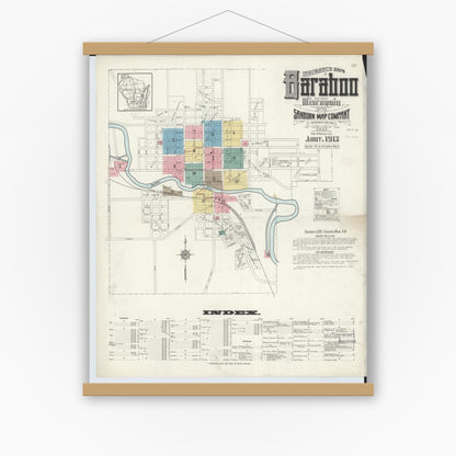 Old map wall art mockup — magnetic wood frame on white wall — Sanborn Fire Insurance Map from Baraboo, Sauk County, Wisconsin (1913), Sheet #0001