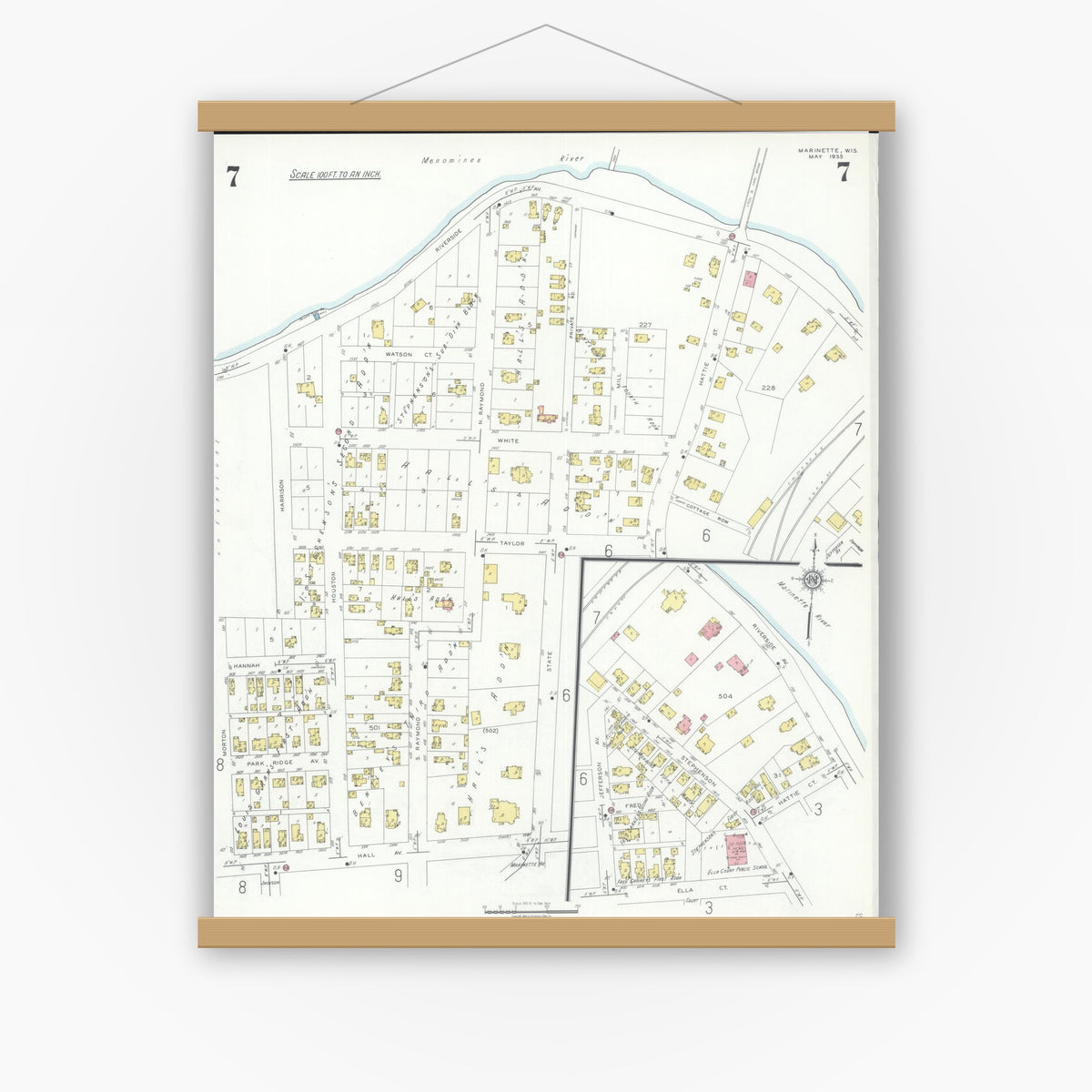 Old map wall art mockup — magnetic wood frame on white wall — Sanborn Fire Insurance Map from Marinette, Marinette County, Wisconsin (1935), Sheet #0007