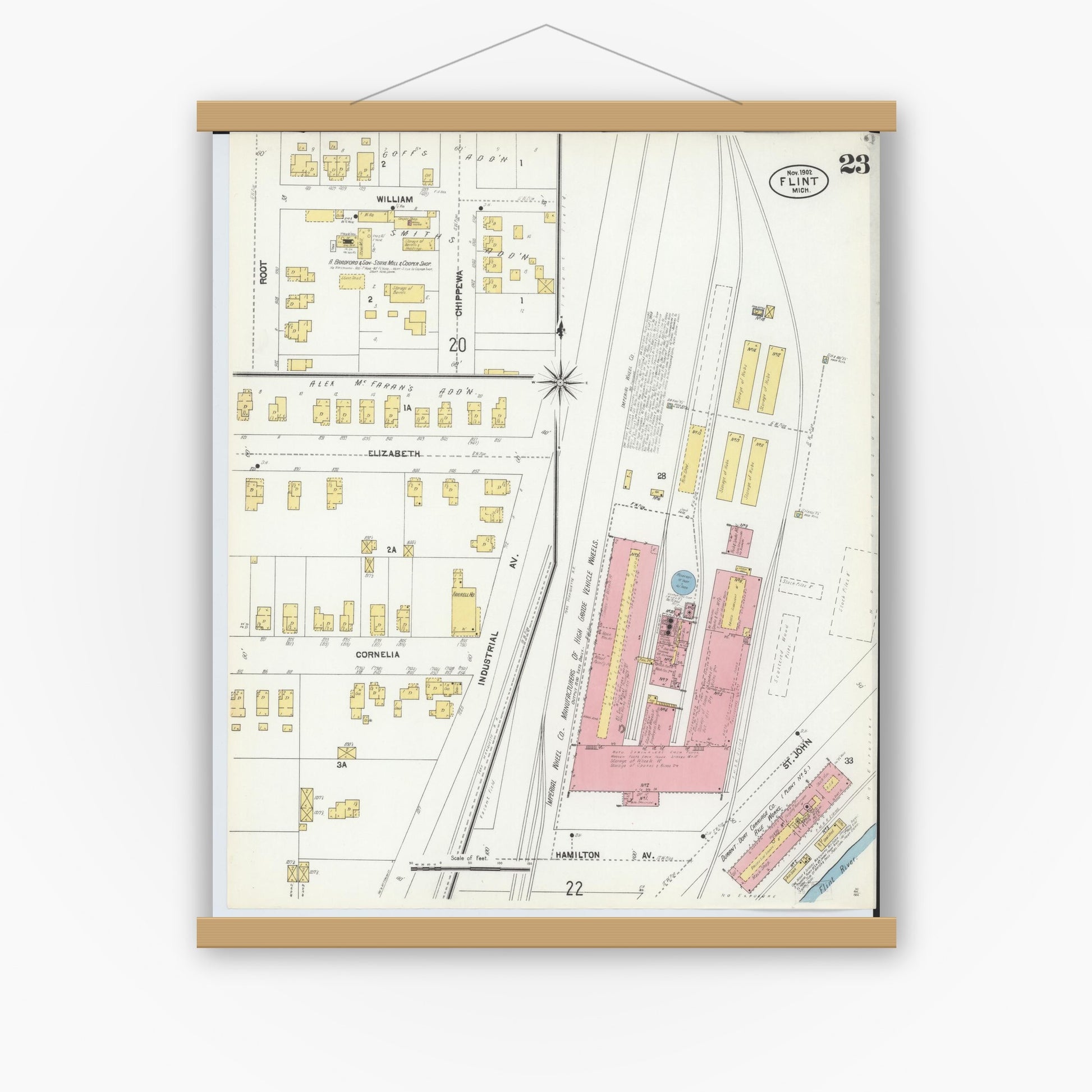 Old map wall art mockup — magnetic wood frame on white wall — Sanborn Fire Insurance Map from Flint, Genesee County, Michigan (1902), Sheet #0023