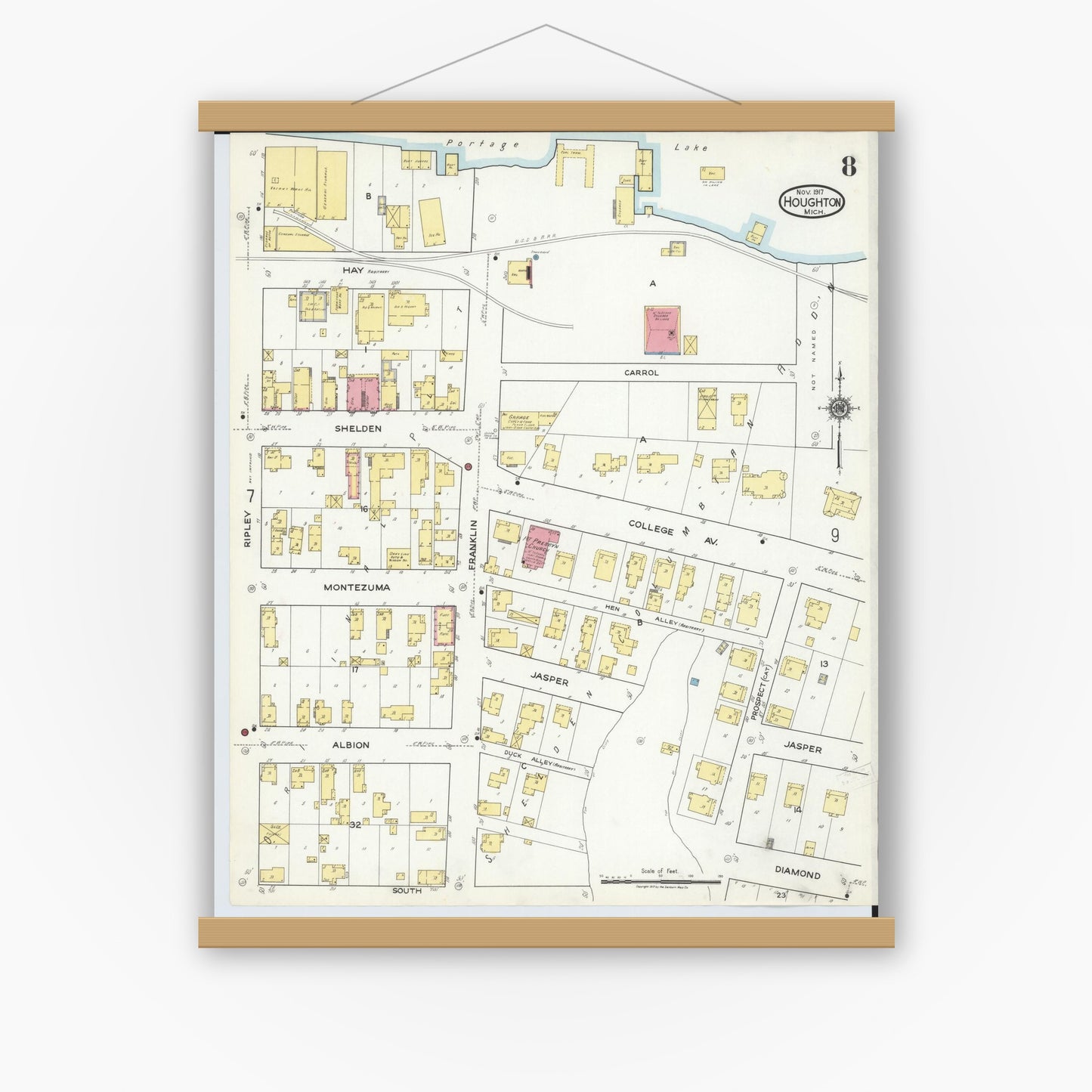 Old map wall art mockup — magnetic wood frame on white wall — Sanborn Fire Insurance Map from Houghton, Houghton County, Michigan (1917), Sheet #0008