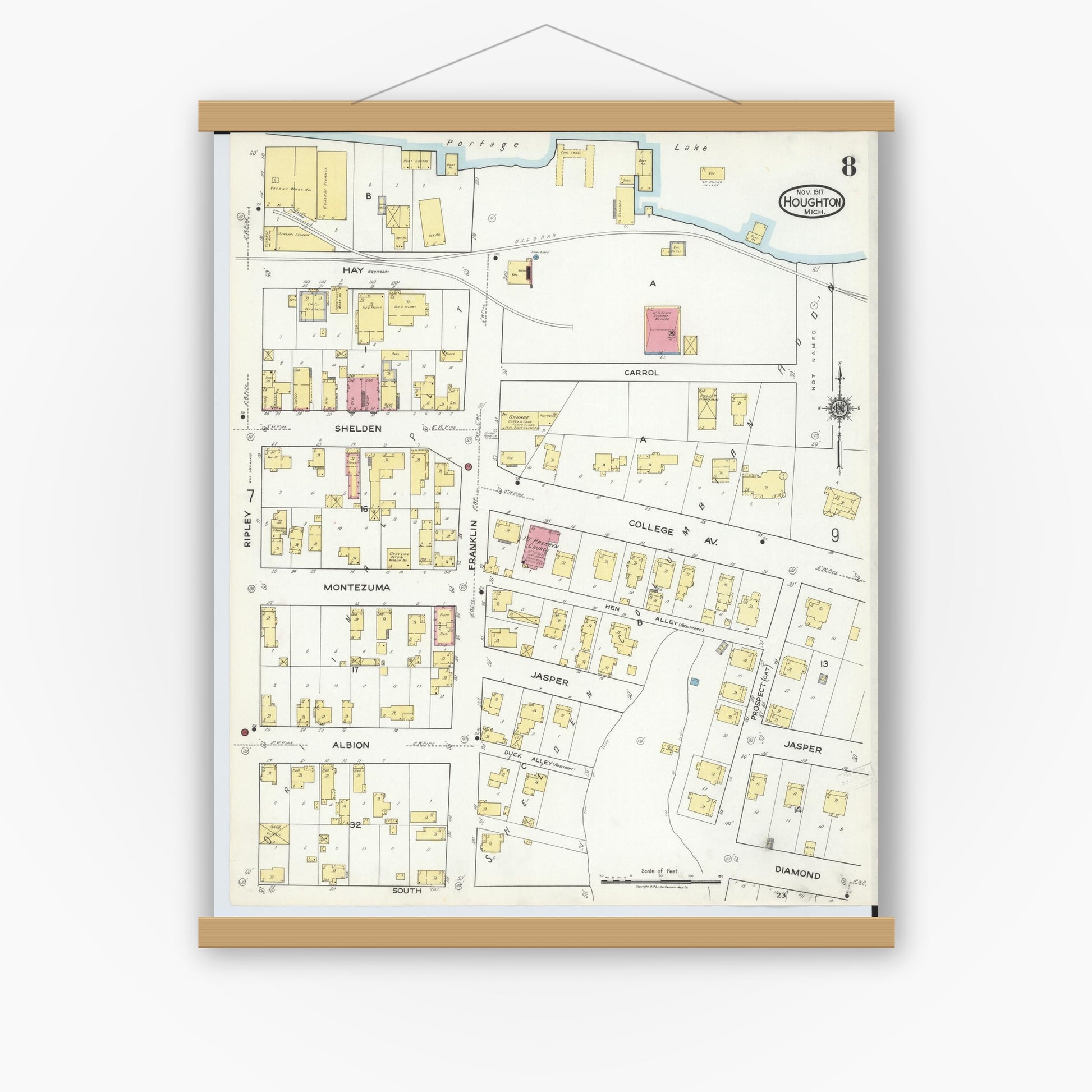 Old map wall art mockup — magnetic wood frame on white wall — Sanborn Fire Insurance Map from Houghton, Houghton County, Michigan (1917), Sheet #0008