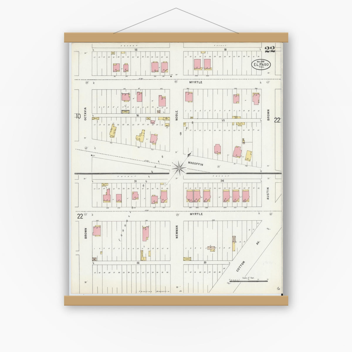 Old map wall art mockup — magnetic wood frame on white wall — Sanborn Fire Insurance Map from El Paso, El Paso County, Texas (1898), Sheet #0022