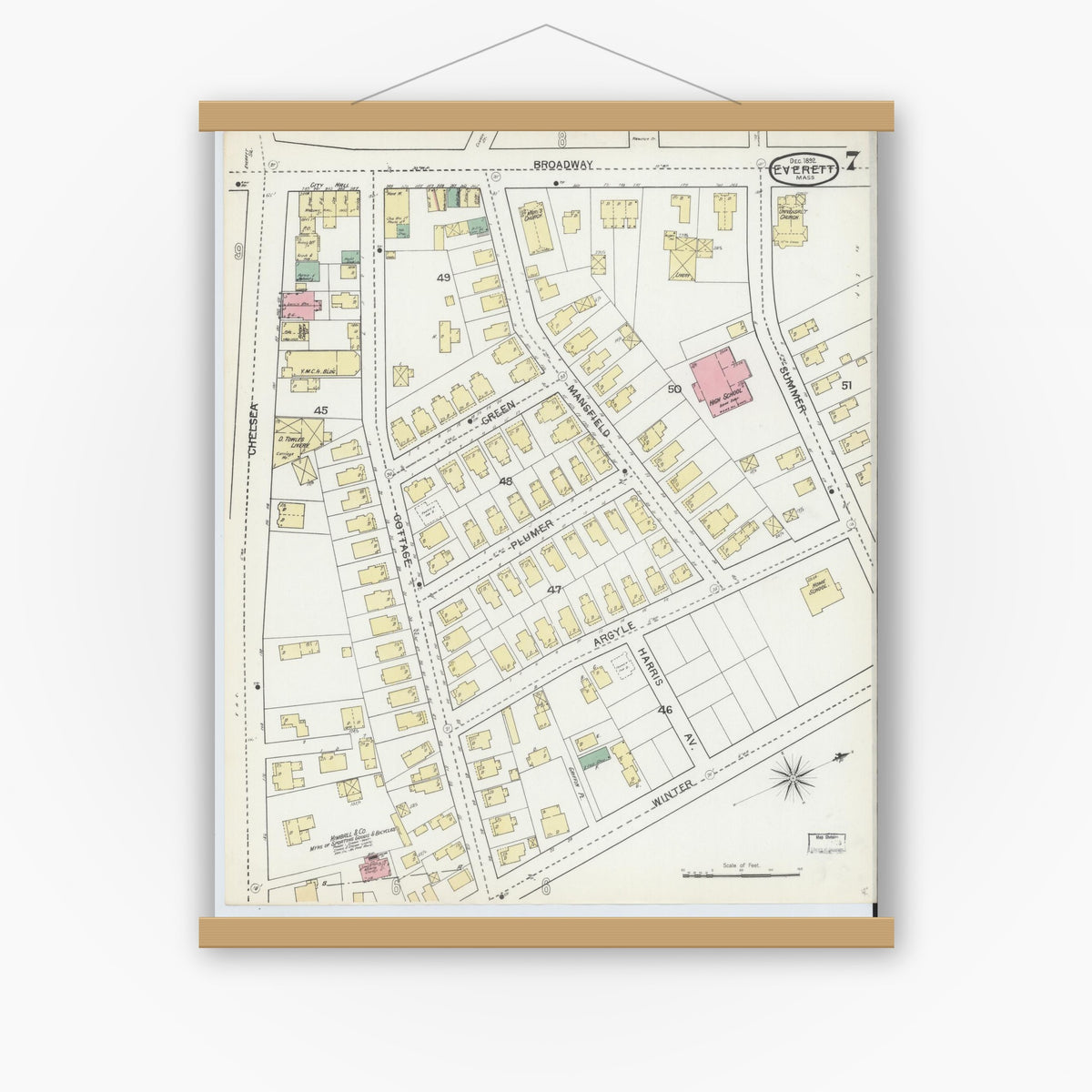 Old map wall art mockup — magnetic wood frame on white wall — Sanborn Fire Insurance Map from Everett, Middlesex County, Massachusetts (1892), Sheet #0007