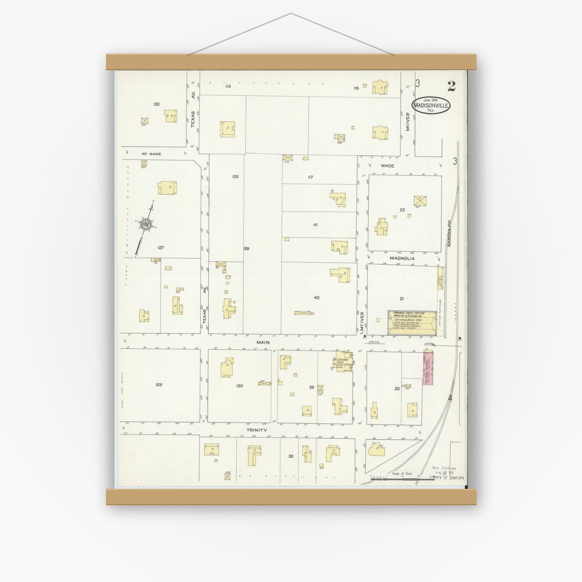 Old map wall art mockup — magnetic wood frame on white wall — Sanborn Fire Insurance Map from Madisonville, Madison County, Texas (1914), Sheet #0002
