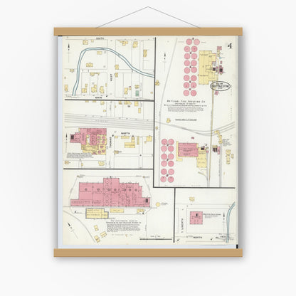 Old map wall art mockup — magnetic wood frame on white wall — Sanborn Fire Insurance Map from East Palestine, Columbiana County, Ohio (1908), Sheet #0004