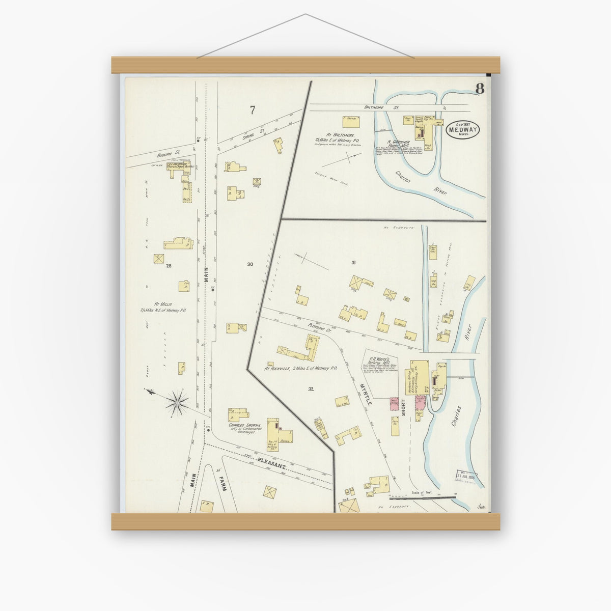 Old map wall art mockup — magnetic wood frame on white wall — Sanborn Fire Insurance Map from Medway, Norfolk County, Massachusetts (1897), Sheet #0008