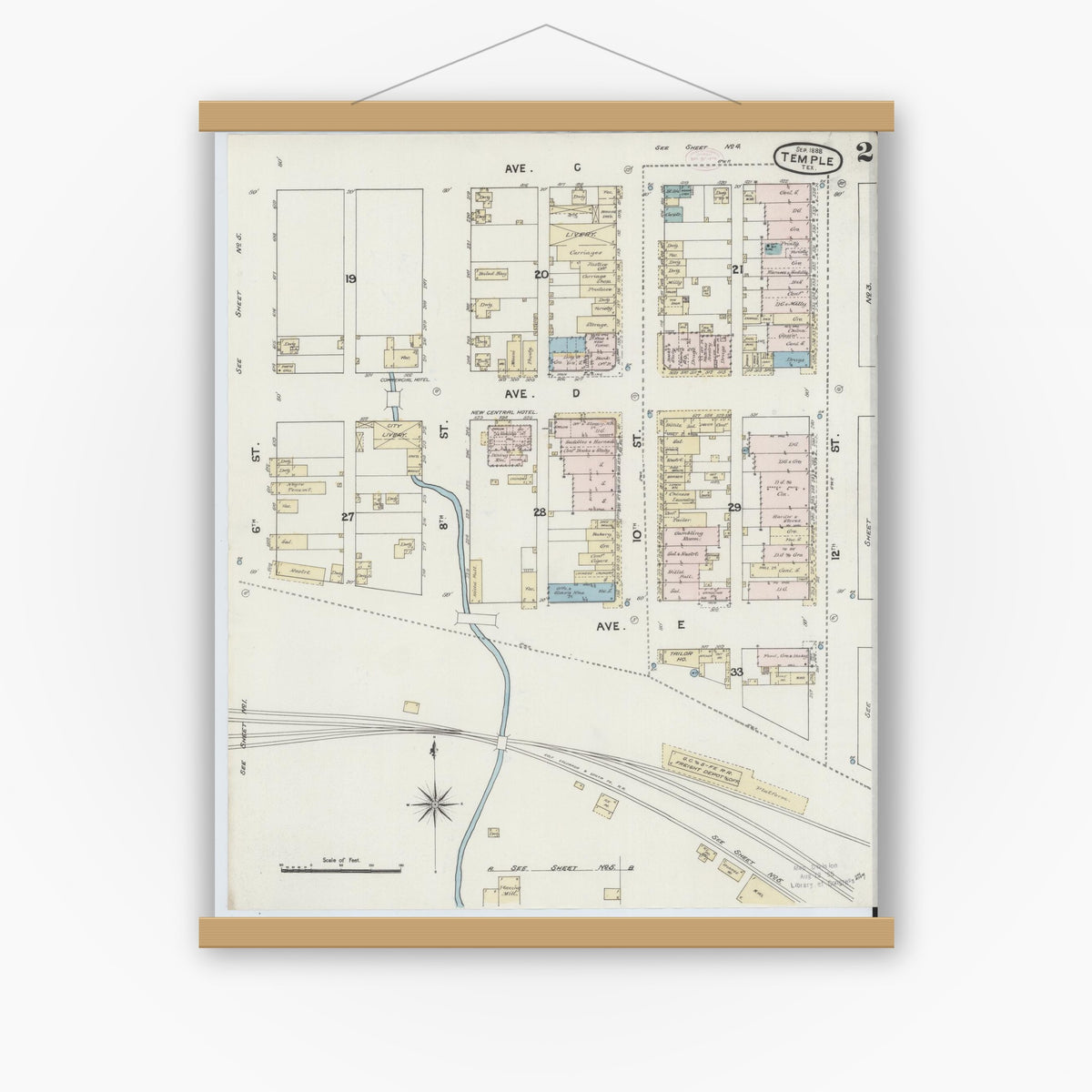 Old map wall art mockup — magnetic wood frame on white wall — Sanborn Fire Insurance Map from Temple, Bell County, Texas (1888), Sheet #0002