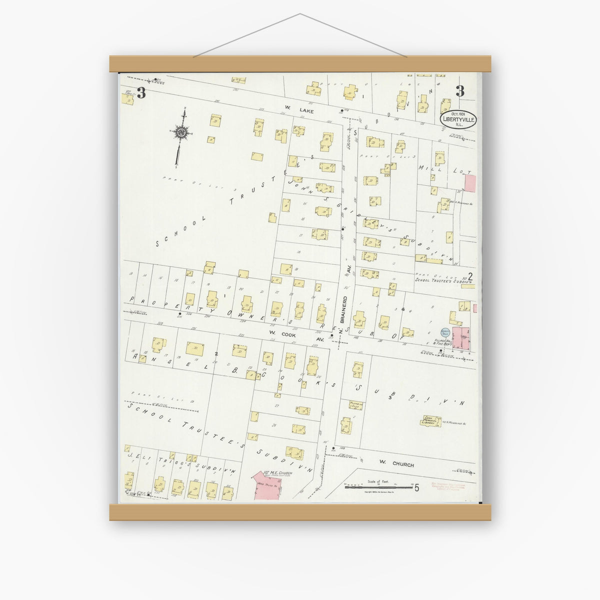 Old map wall art mockup — magnetic wood frame on white wall — Sanborn Fire Insurance Map from Libertyville, Lake County, Illinois (1924), Sheet #0003