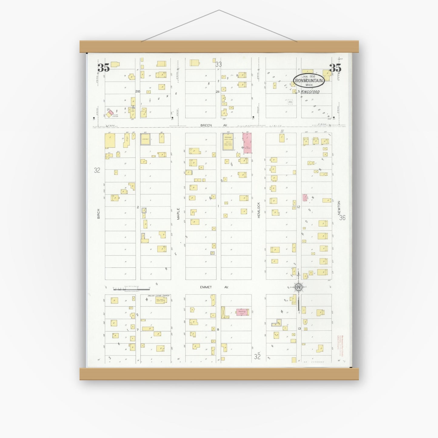 Old map wall art mockup — magnetic wood frame on white wall — Sanborn Fire Insurance Map from Iron Mountain, Dickinson County, Michigan (1930), Sheet #0035