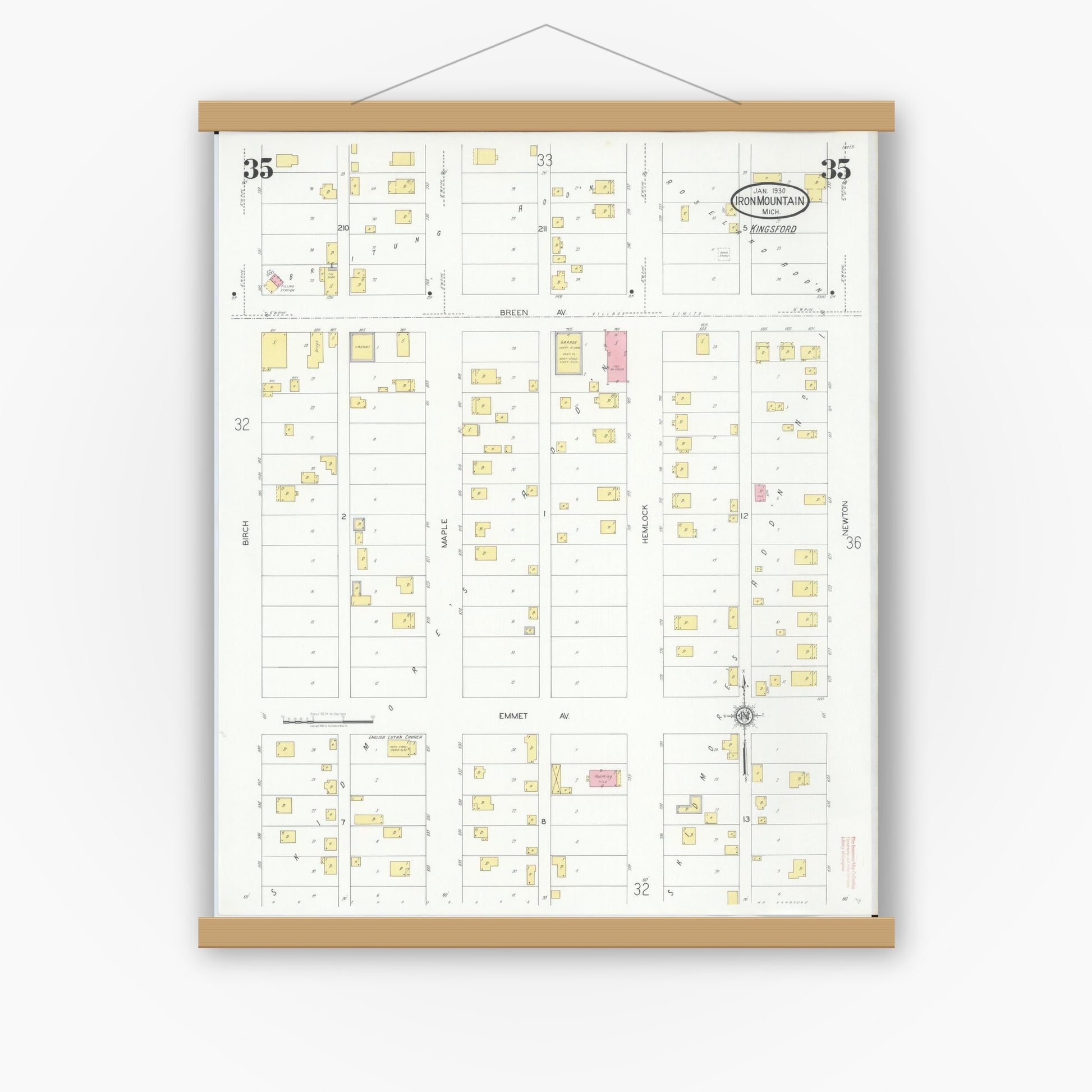 Old map wall art mockup — magnetic wood frame on white wall — Sanborn Fire Insurance Map from Iron Mountain, Dickinson County, Michigan (1930), Sheet #0035